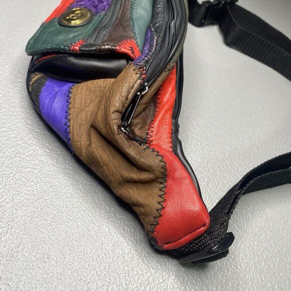KMQ Vtg 80s Leather Fanny Pack 4 Pockets Patchwork Colorblock Colorful Bright - Picture 13 of 14